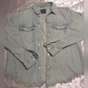 Zara Light Blue Distressed Denim Shacket With Frayed Hems & Pearl-style Snaps